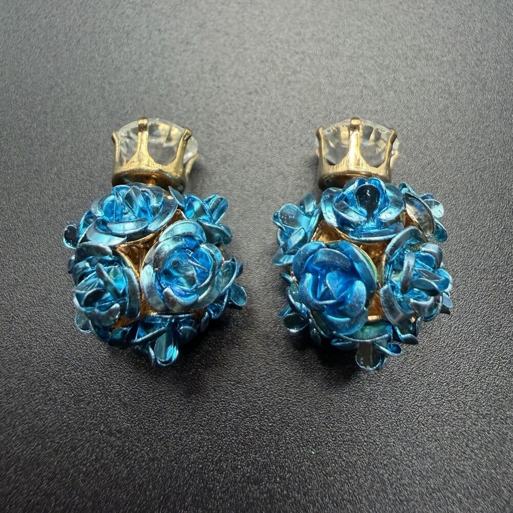 Vintage Gold Crown Blue Rose Flower Cluster Statement Earrings Jewelry Gift